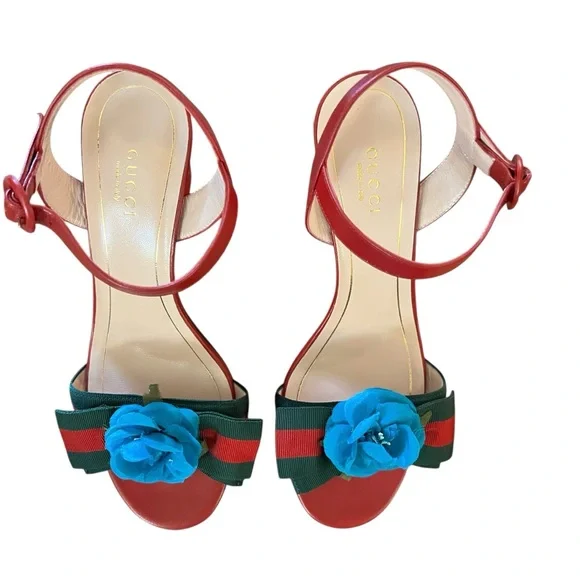 Authentic Red Gucci Web Silk Flower Bow Mid Sandals Size 37;new with tags - Picture 1 of 9